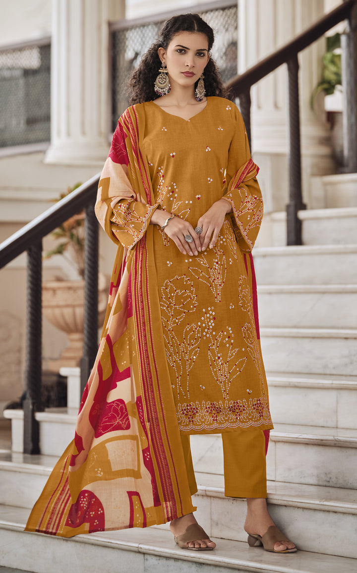 Ladyline Cotton Bandhej Printed Salwar Kameez Suit for Women - Ethnic Mirror Work - Cotton Dupatta with Straight Pants - 3/4 Sleeves