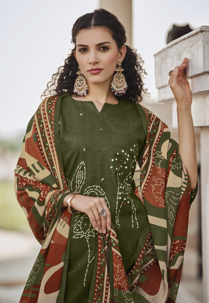 Ladyline Cotton Bandhej Printed Salwar Kameez Suit for Women - Ethnic Mirror Work - Cotton Dupatta with Straight Pants - 3/4 Sleeves
