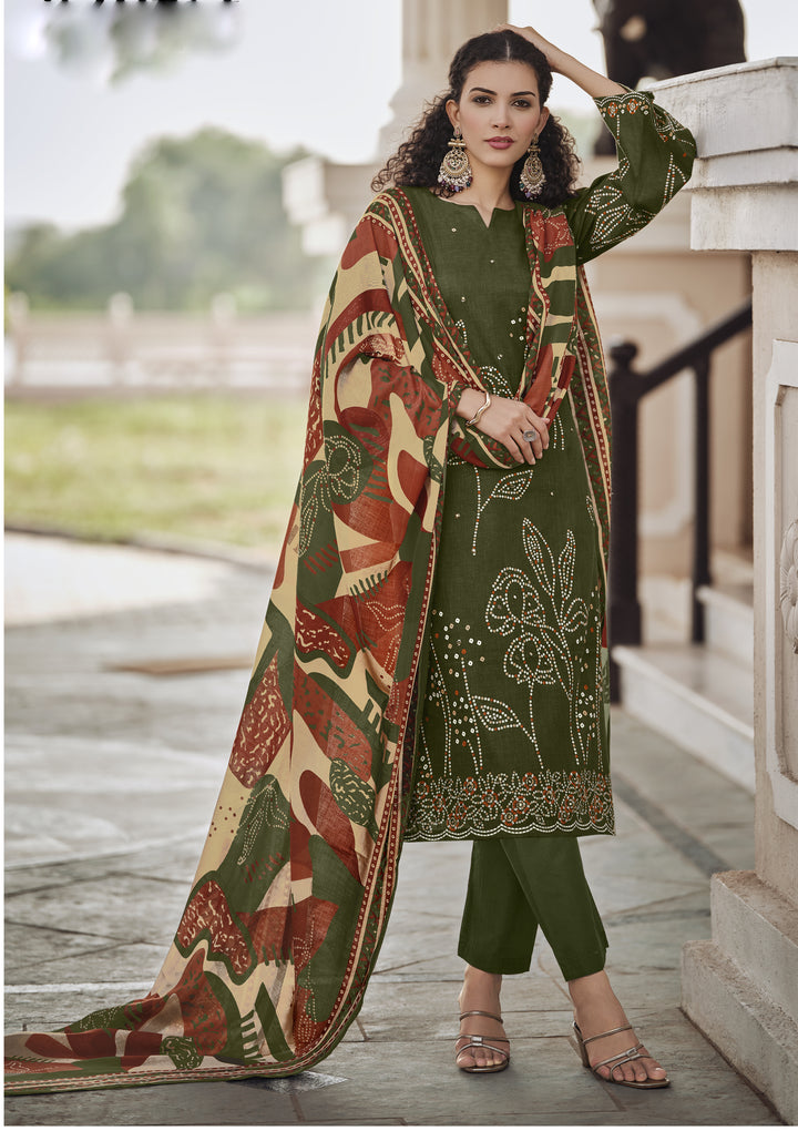 Ladyline Cotton Bandhej Printed Salwar Kameez Suit for Women - Ethnic Mirror Work - Cotton Dupatta with Straight Pants - 3/4 Sleeves