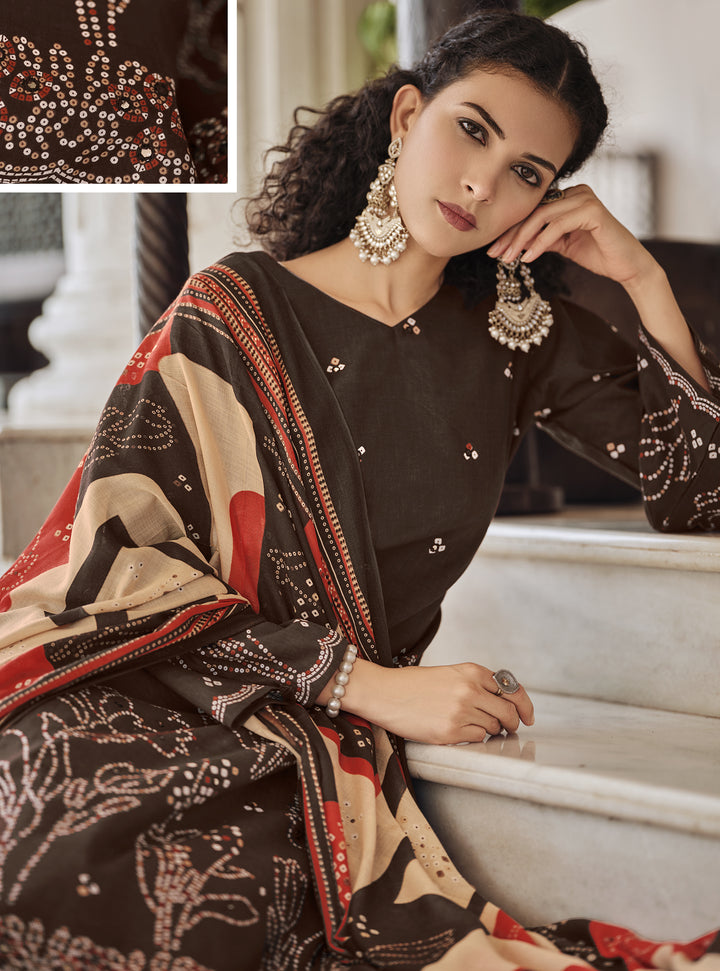 Ladyline Cotton Bandhej Printed Salwar Kameez Suit for Women - Ethnic Mirror Work - Cotton Dupatta with Straight Pants - 3/4 Sleeves