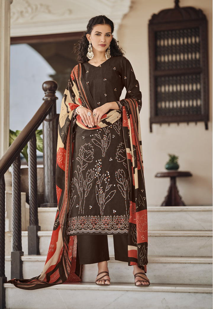 Ladyline Cotton Bandhej Printed Salwar Kameez Suit for Women - Ethnic Mirror Work - Cotton Dupatta with Straight Pants - 3/4 Sleeves