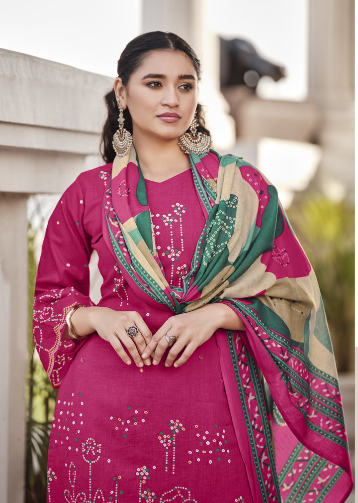 Ladyline Cotton Bandhej Printed Salwar Kameez Suit for Women - Ethnic Mirror Work - Cotton Dupatta with Straight Pants - 3/4 Sleeves