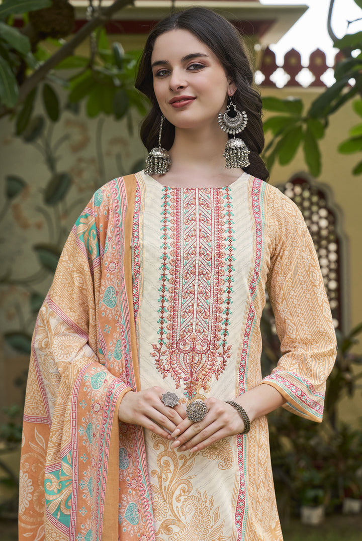 Ladyline Casual Evening Cotton Salwar Kameez Set | White Printed Kurta with Embroidery | Straight Pants & Lawn Cotton Dupatta | Festive wear Kurti Suit Set