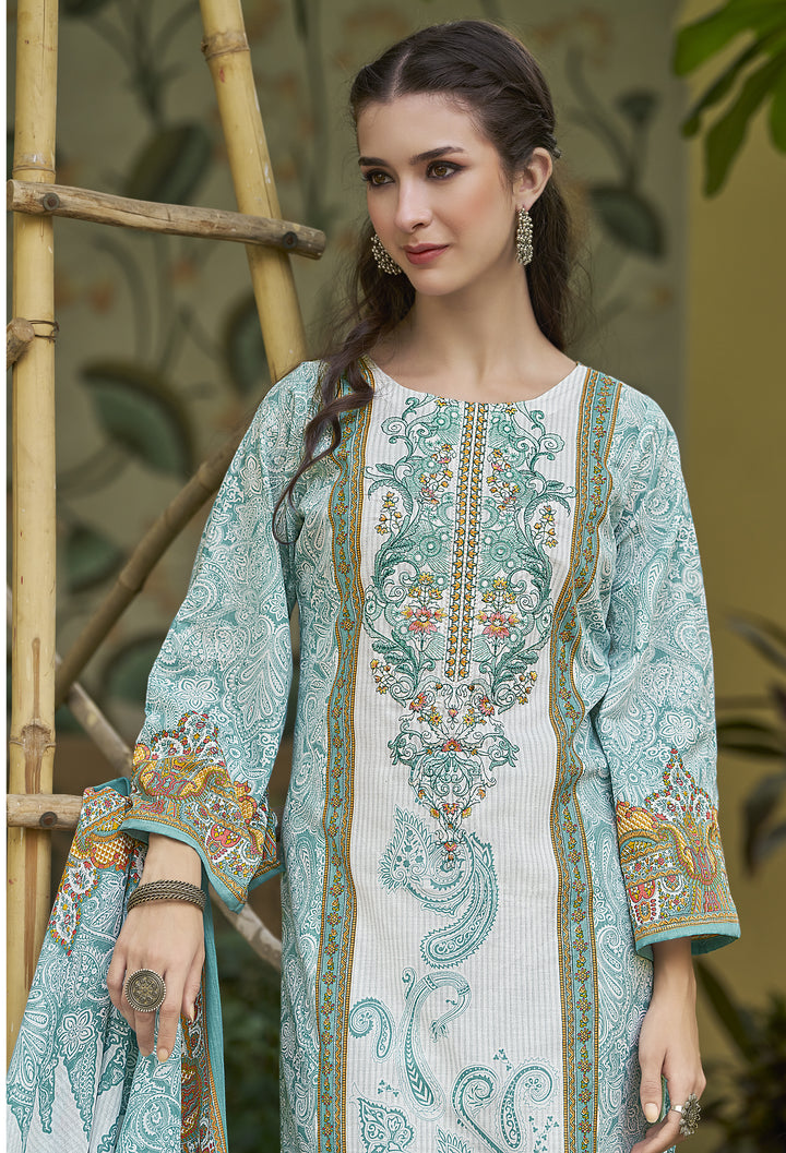 Ladyline Casual Evening Cotton Salwar Kameez Set | White Printed Kurta with Embroidery | Straight Pants & Lawn Cotton Dupatta | Festive wear Kurti Suit Set