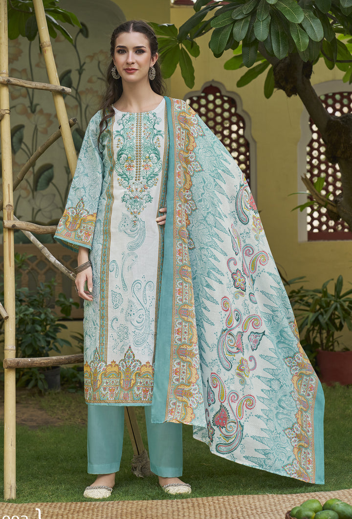 Ladyline Casual Evening Cotton Salwar Kameez Set | White Printed Kurta with Embroidery | Straight Pants & Lawn Cotton Dupatta | Festive wear Kurti Suit Set
