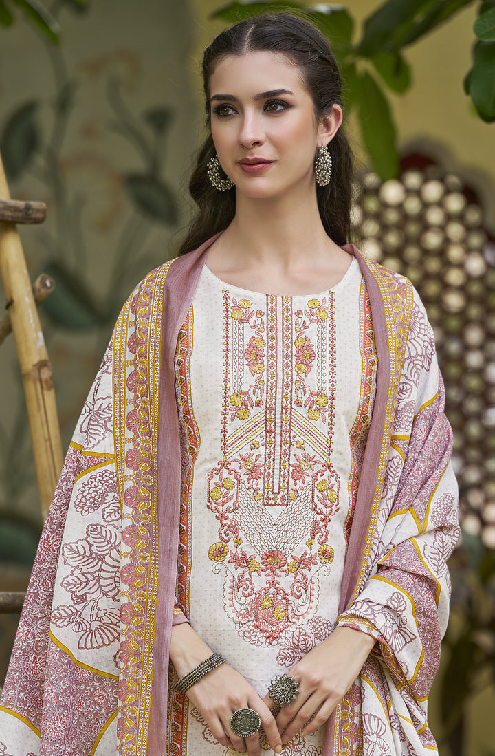 Ladyline Casual Evening Cotton Salwar Kameez Set | White Printed Kurta with Embroidery | Straight Pants & Lawn Cotton Dupatta | Festive wear Kurti Suit Set
