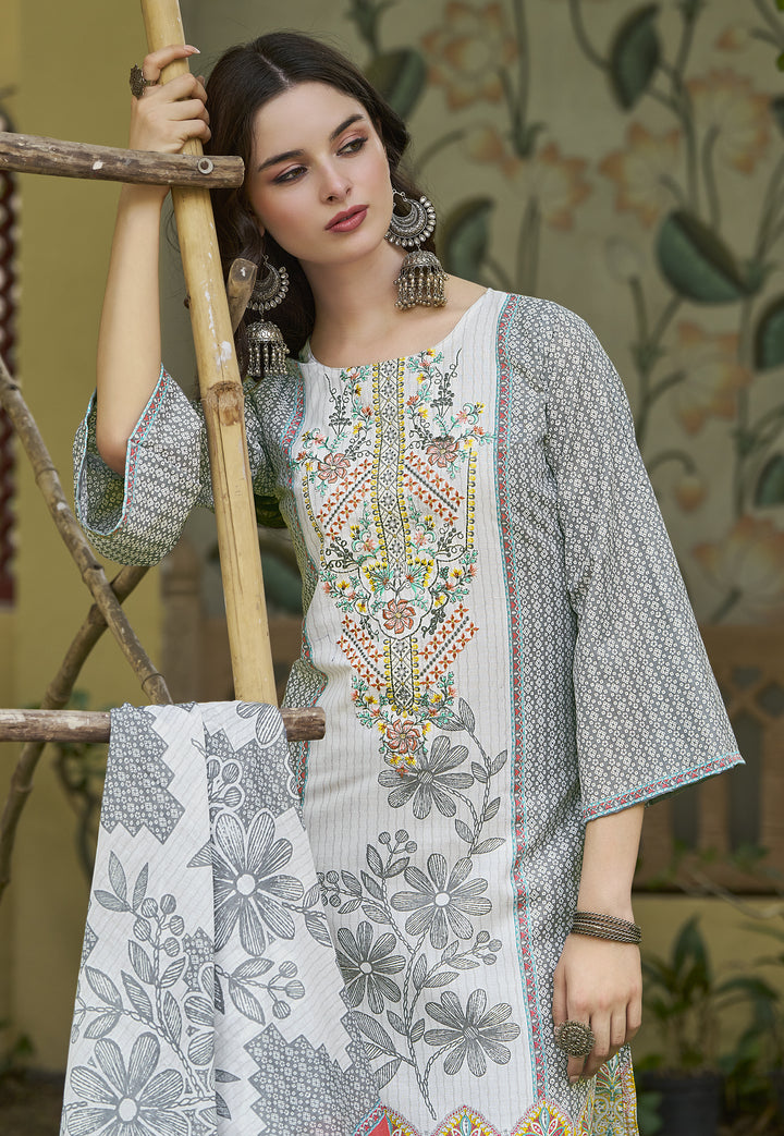 Ladyline Casual Evening Cotton Salwar Kameez Set | White Printed Kurta with Embroidery | Straight Pants & Lawn Cotton Dupatta | Festive wear Kurti Suit Set