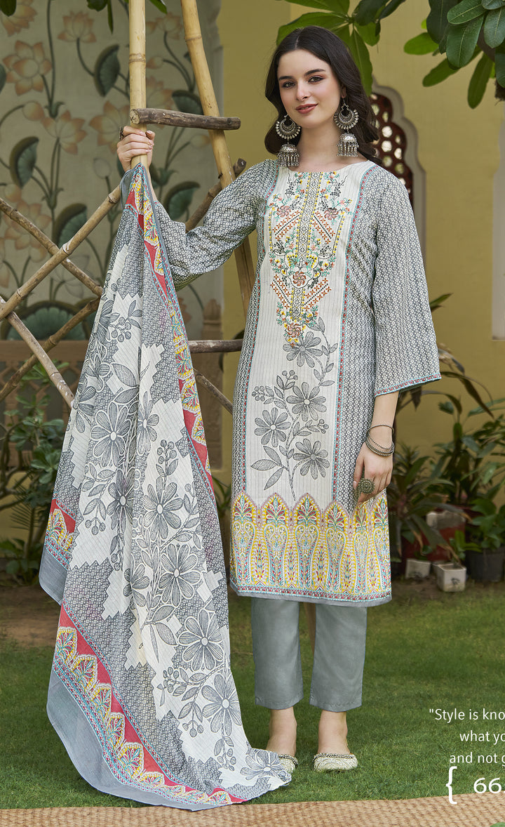 Ladyline Casual Evening Cotton Salwar Kameez Set | White Printed Kurta with Embroidery | Straight Pants & Lawn Cotton Dupatta | Festive wear Kurti Suit Set