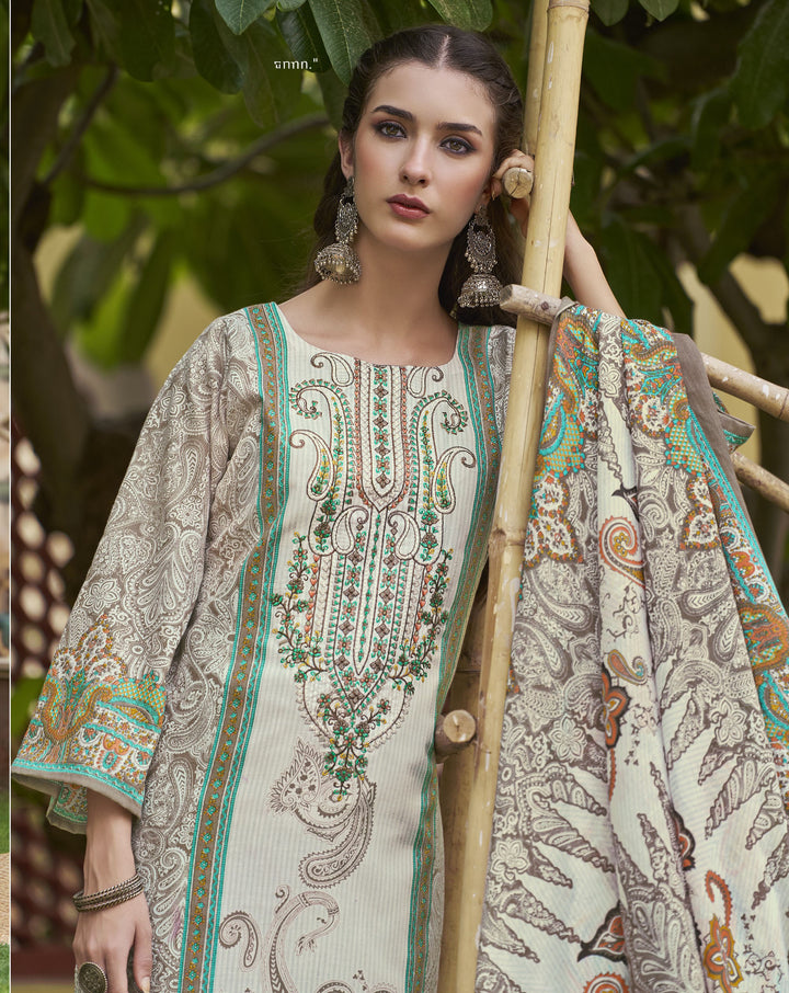 Ladyline Casual Evening Cotton Salwar Kameez Set | White Printed Kurta with Embroidery | Straight Pants & Lawn Cotton Dupatta | Festive wear Kurti Suit Set
