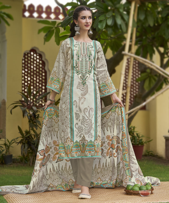 Ladyline Casual Evening Cotton Salwar Kameez Set | White Printed Kurta with Embroidery | Straight Pants & Lawn Cotton Dupatta | Festive wear Kurti Suit Set