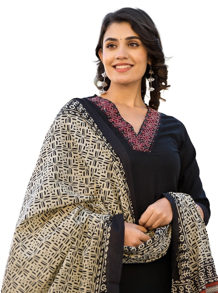 Ladyline Women's 3 Piece Ethnic Set - Rayon Embroidered Kurta, Flared Palazzo Pants & Printed Mal Dupatta | Elegant Salwar Kameez