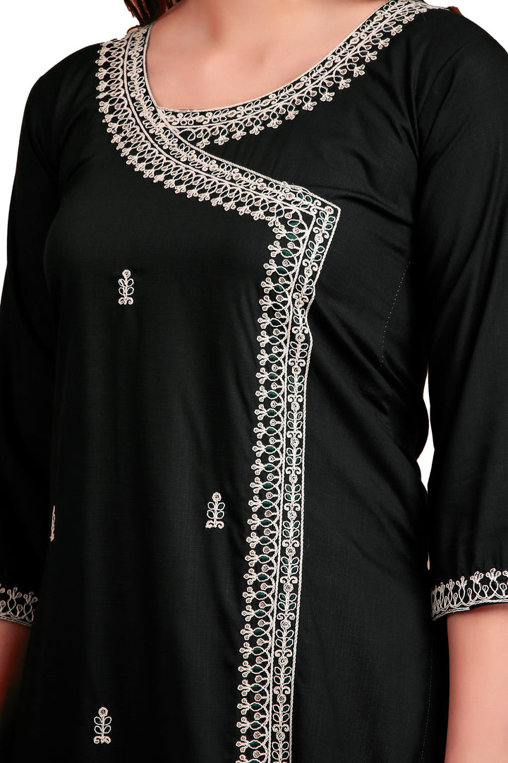 Ladyline Women's Rayon Slub Angrakha Kurta with Pants Set | Embroidery & Sequins | 2-Piece Ethnic Set