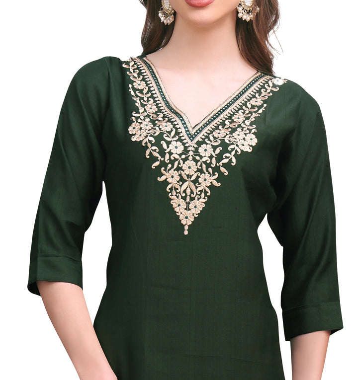 Ladyline Women's Rayon Silk Embroidered Tunic Top Plain V Neck Kurti Kurta 3/4 Length Sleeves
