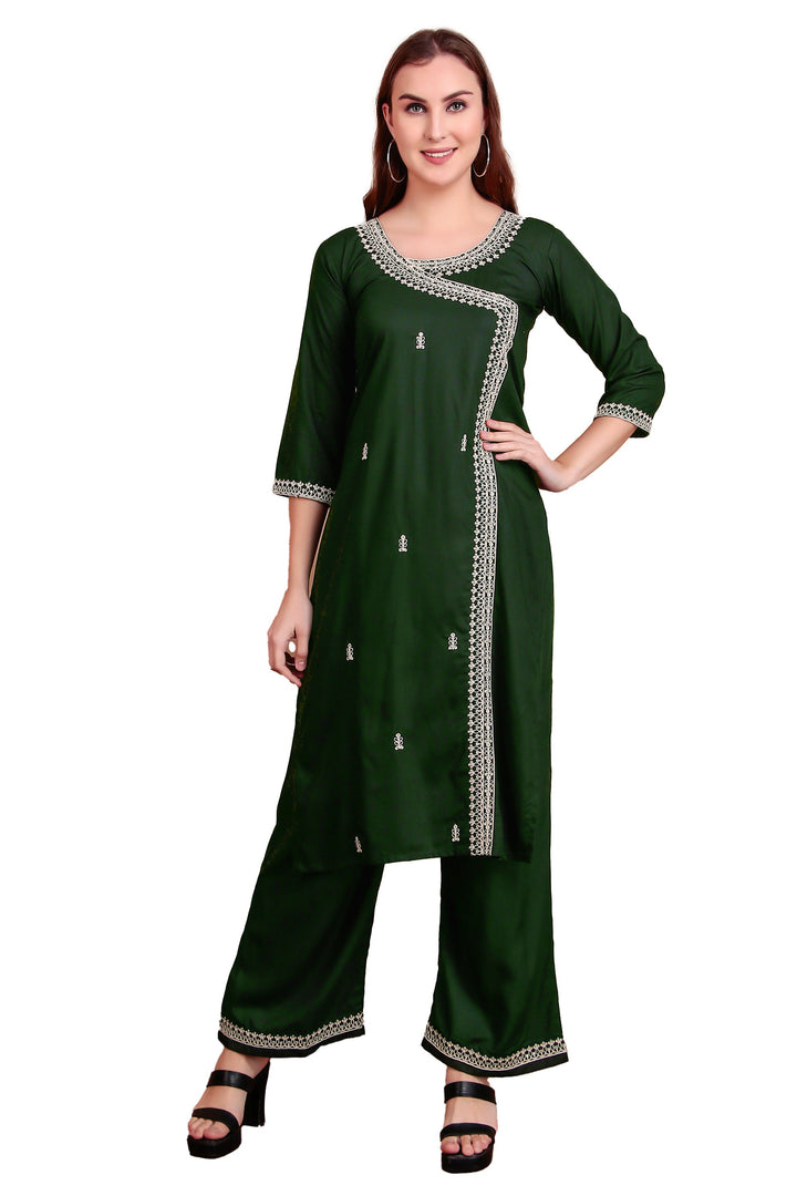 Ladyline Women's Rayon Slub Angrakha Kurta with Pants Set | Embroidery & Sequins | 2-Piece Ethnic Set