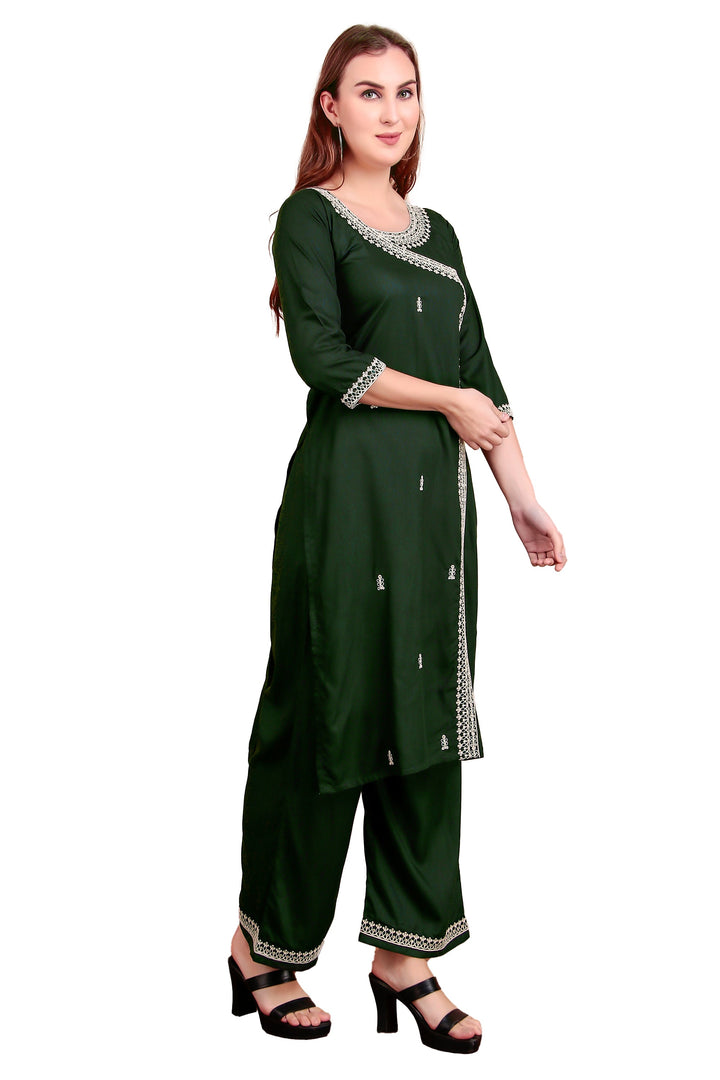 Ladyline Women's Rayon Slub Angrakha Kurta with Pants Set | Embroidery & Sequins | 2-Piece Ethnic Set