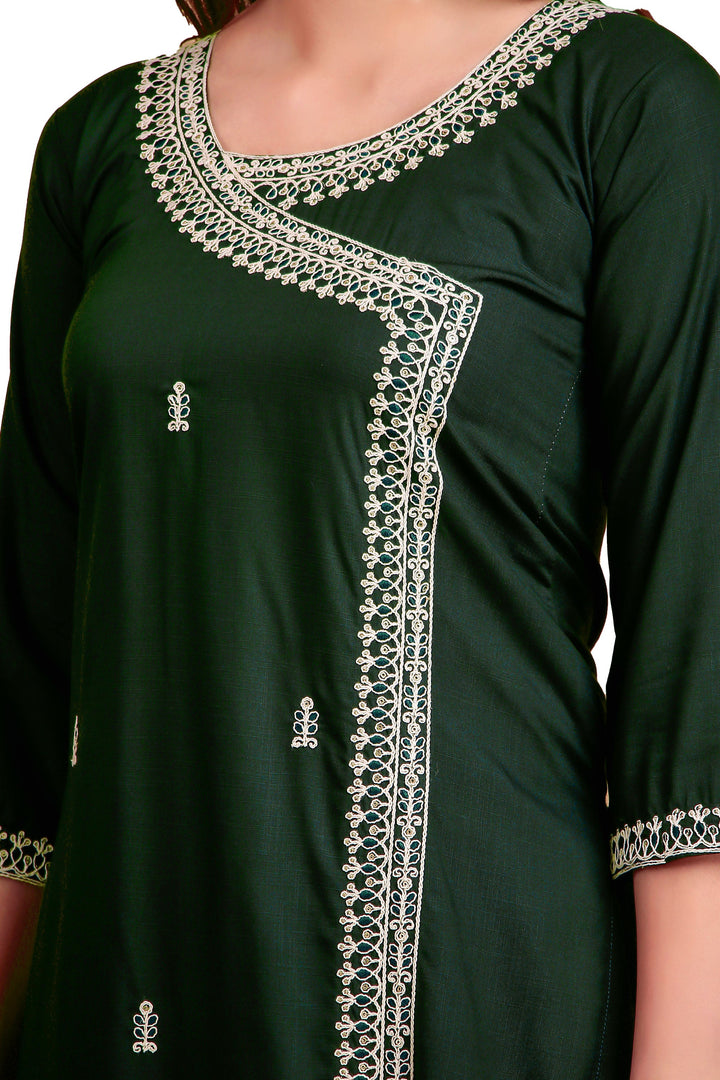 Ladyline Women's Rayon Slub Angrakha Kurta with Pants Set | Embroidery & Sequins | 2-Piece Ethnic Set