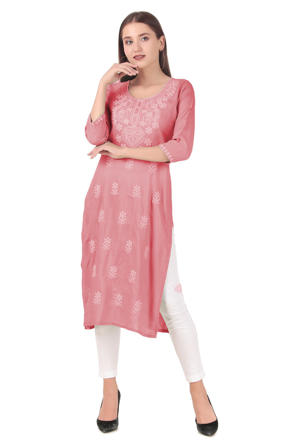 Rayon Chikankari Neck Embroidered Tunic Kurti Top
