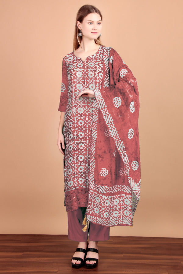 Ladyline Womens Silk Ethnic Batik Printed Salwar Kameez - Chikankari Embroidered Schiffli Cutwork