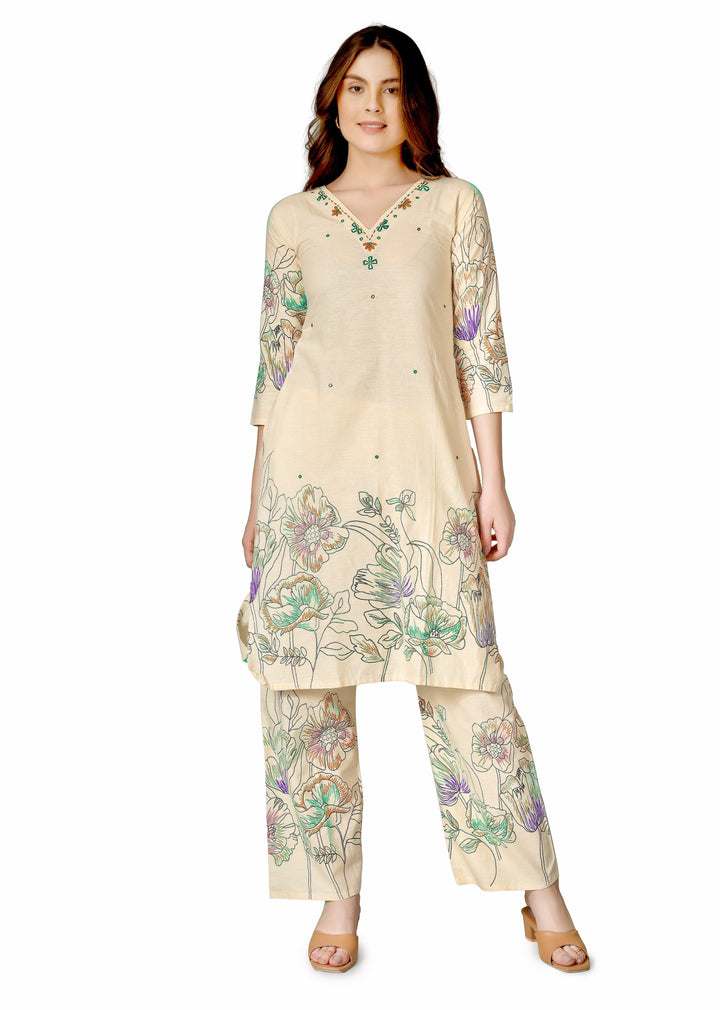Ladyline Women’s 2 Piece Co-ord Set in Cotton – Kurta with Digital Print & Hand Work - Palazzo Pants – Ethnic Kurti Tunic Pants Set