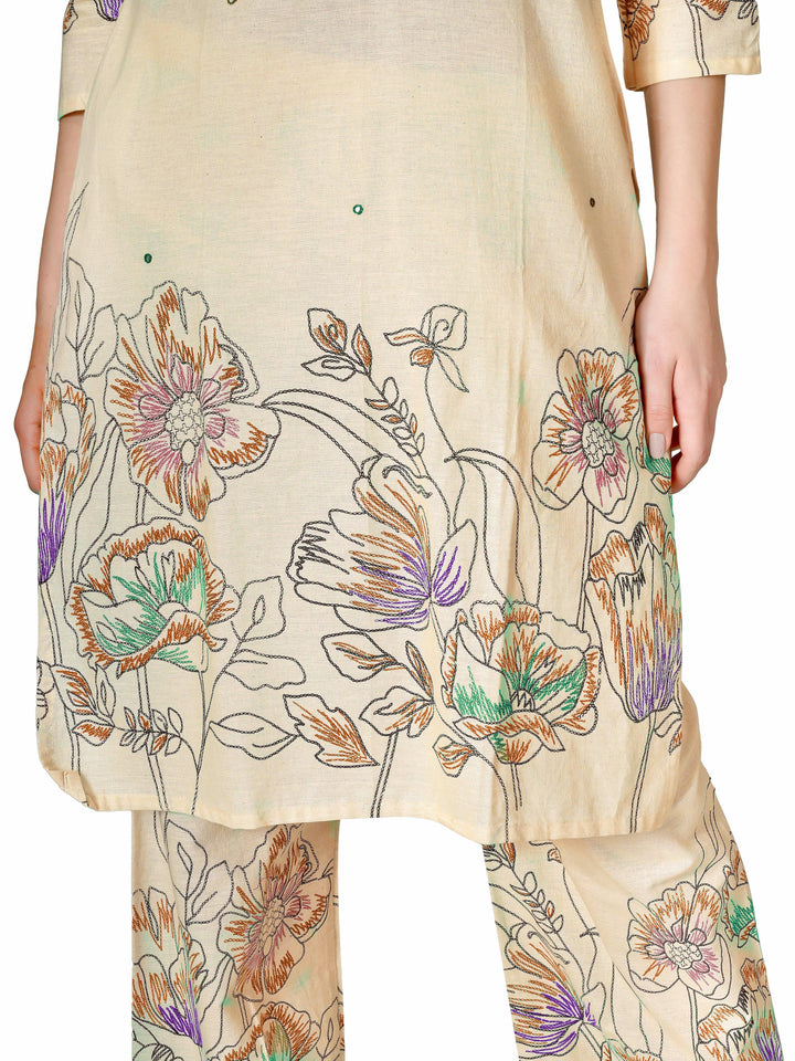 Ladyline Women’s 2 Piece Co-ord Set in Cotton – Kurta with Digital Print & Hand Work - Palazzo Pants – Ethnic Kurti Tunic Pants Set