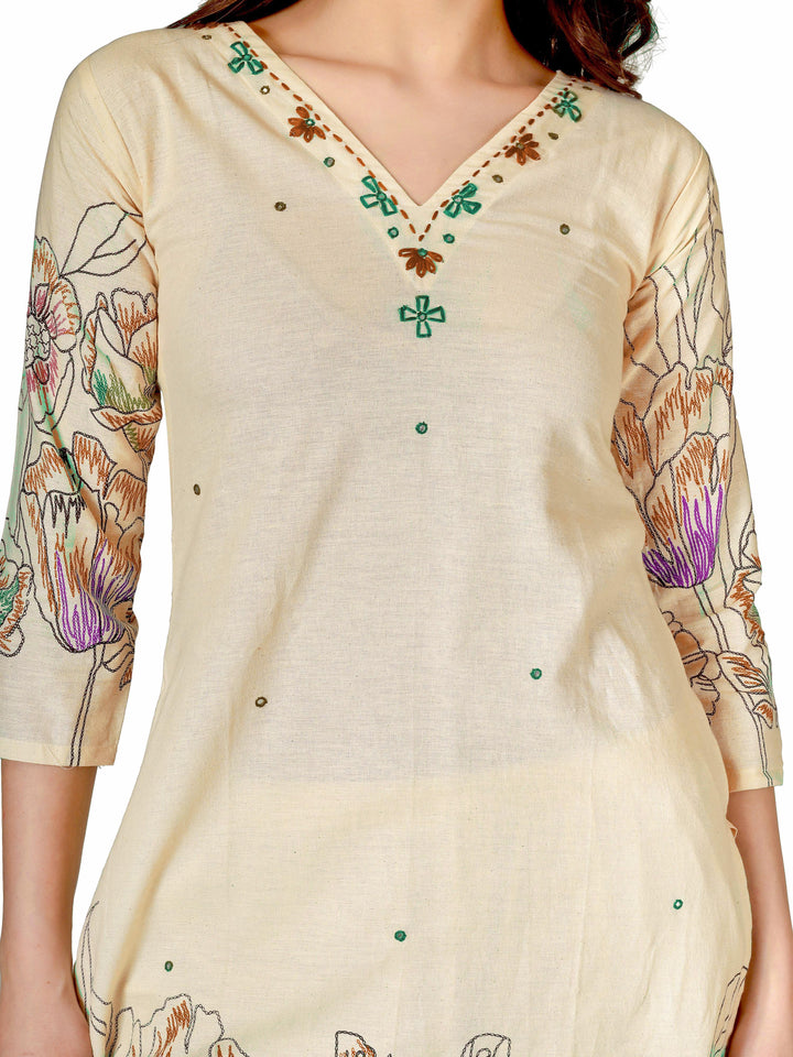 Ladyline Women’s 2 Piece Co-ord Set in Cotton – Kurta with Digital Print & Hand Work - Palazzo Pants – Ethnic Kurti Tunic Pants Set