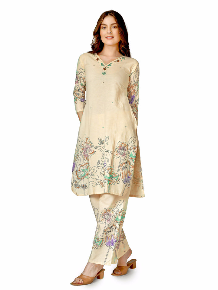 Ladyline Women’s 2 Piece Co-ord Set in Cotton – Kurta with Digital Print & Hand Work - Palazzo Pants – Ethnic Kurti Tunic Pants Set