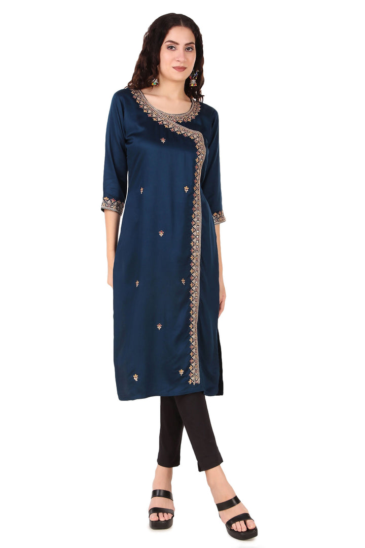 Ladyline Partywear Silk Embroidered Womens Long Tunic Top Angrakha Pattern Kurti Kurta Dress