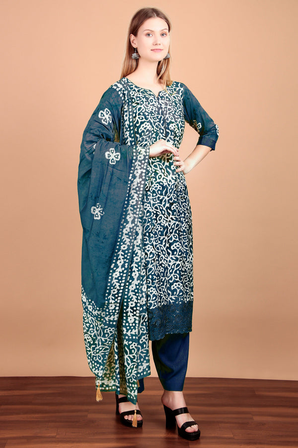 Ladyline Womens Silk Ethnic Batik Printed Salwar Kameez - Chikankari Embroidered Schiffli Cutwork