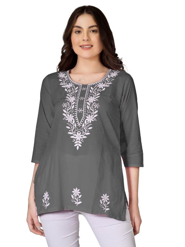 Cotton Chikankari Embroidered Tunic Top - Short Kurti