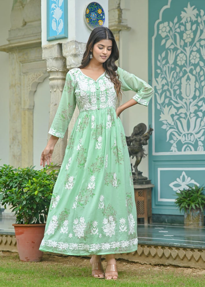 Ladyline Womens Cotton Lawn Floral Anarkali Kurta Gown, Lucknowi Embroidered, Long Floor-Length Kurti