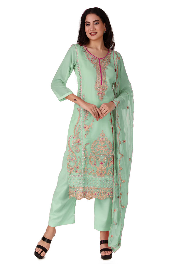 Ladyline Formal Georgette Embroidered Salwar Kameez Kurta with Pants Hand Work and Lace (GESK GOC)