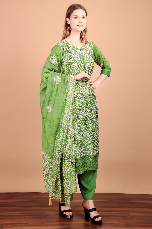 Ladyline Womens Silk Ethnic Batik Printed Salwar Kameez - Chikankari Embroidered Schiffli Cutwork