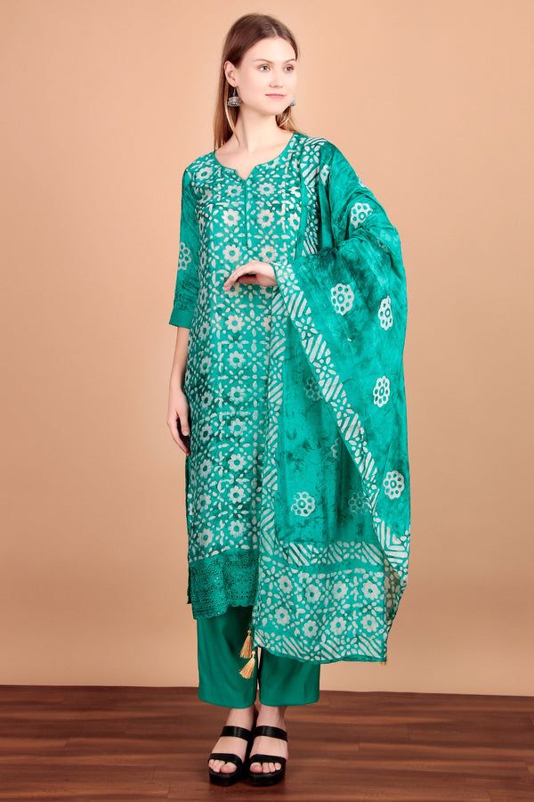 Ladyline Womens Silk Ethnic Batik Printed Salwar Kameez - Chikankari Embroidered Schiffli Cutwork