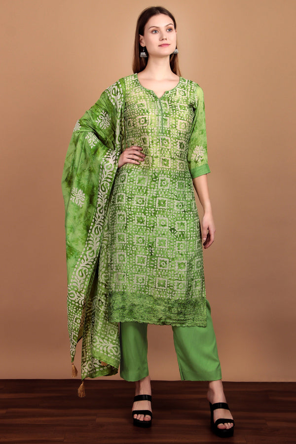 Ladyline Womens Silk Ethnic Batik Printed Salwar Kameez - Chikankari Embroidered Schiffli Cutwork