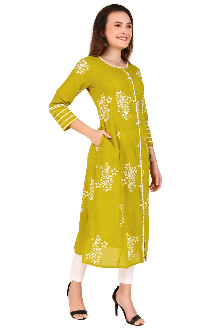 Ladyline Cotton Lace Long Tunic Top Button Down Princess Front Slit Indian Kurti Kurta Dress