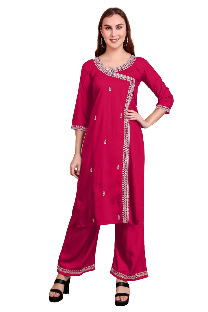 Ladyline Women's Rayon Slub Angrakha Kurta with Pants Set | Embroidery & Sequins | 2-Piece Ethnic Set