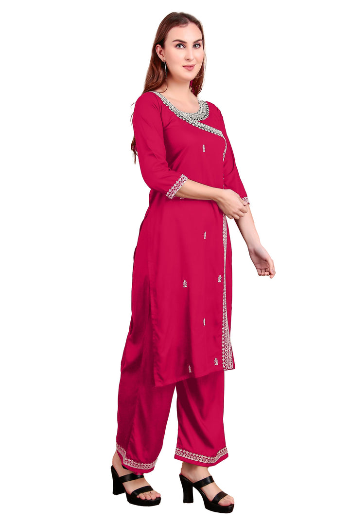 Ladyline Women's Rayon Slub Angrakha Kurta with Pants Set | Embroidery & Sequins | 2-Piece Ethnic Set