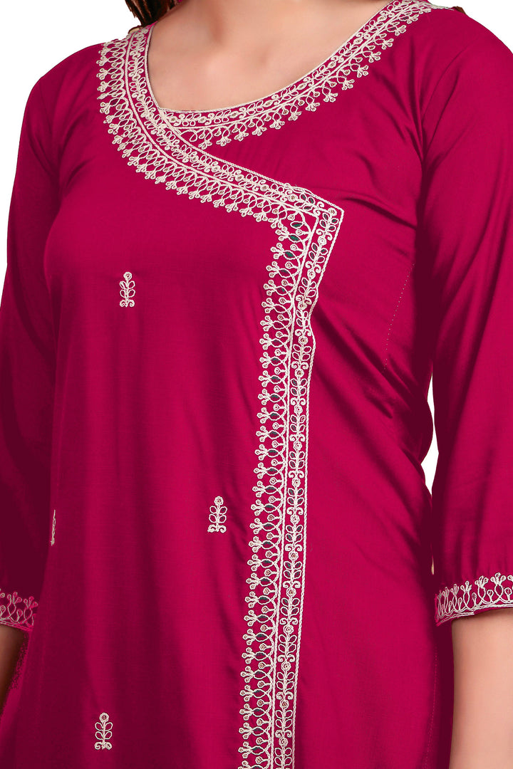 Ladyline Women's Rayon Slub Angrakha Kurta with Pants Set | Embroidery & Sequins | 2-Piece Ethnic Set