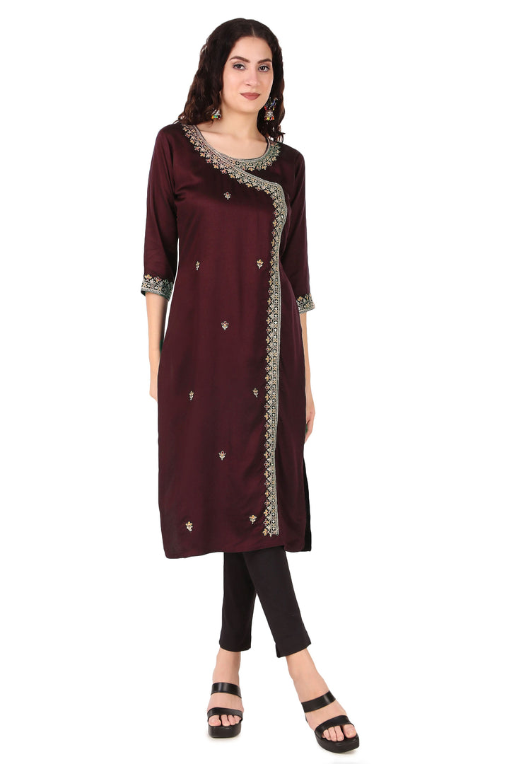 Ladyline Partywear Silk Embroidered Womens Long Tunic Top Angrakha Pattern Kurti Kurta Dress