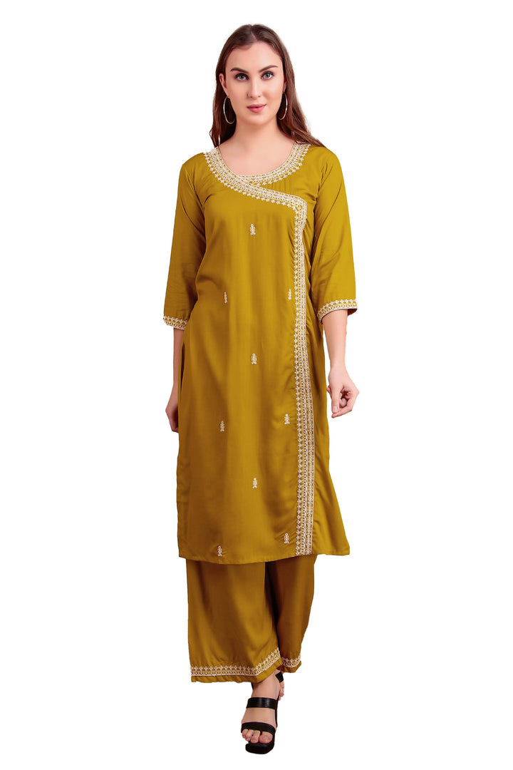 Ladyline Women's Rayon Slub Angrakha Kurta with Pants Set | Embroidery & Sequins | 2-Piece Ethnic Set