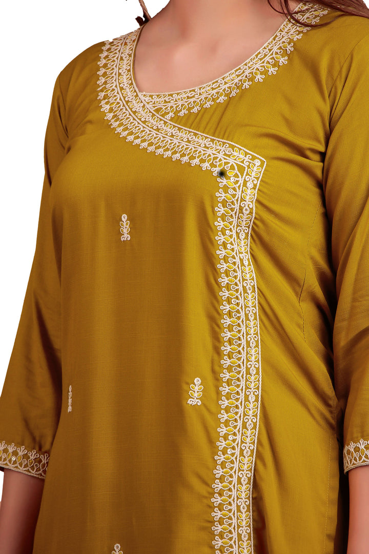 Ladyline Women's Rayon Slub Angrakha Kurta with Pants Set | Embroidery & Sequins | 2-Piece Ethnic Set
