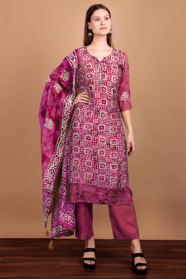 Ladyline Womens Silk Ethnic Batik Printed Salwar Kameez - Chikankari Embroidered Schiffli Cutwork