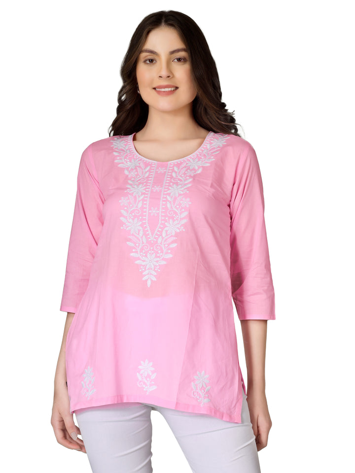 Women's Lucknowi Chikankari Embroidered Tunic Top - Rayon Kurti With 3/4 Sleeves