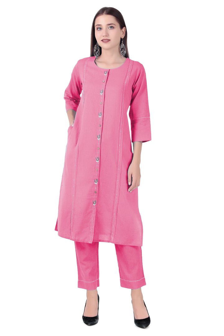 Ladyline Women's 2-Piece Cotton Co-Ord Set - Kurti with Palazzo Pants, Linen Look with Embroidery