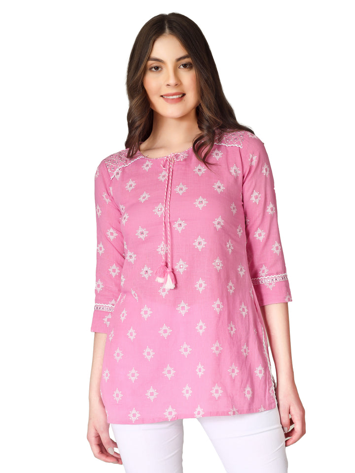 Ladyline Womens Cotton Printed Embroidered Tunic Top Short Kurti – Ethnic Block Print with Mirror & Sequin Work, 3/4 Sleeves – Casual Summer Wear Blouse