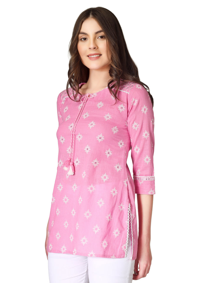 Ladyline Womens Cotton Printed Embroidered Tunic Top Short Kurti – Ethnic Block Print with Mirror & Sequin Work, 3/4 Sleeves – Casual Summer Wear Blouse