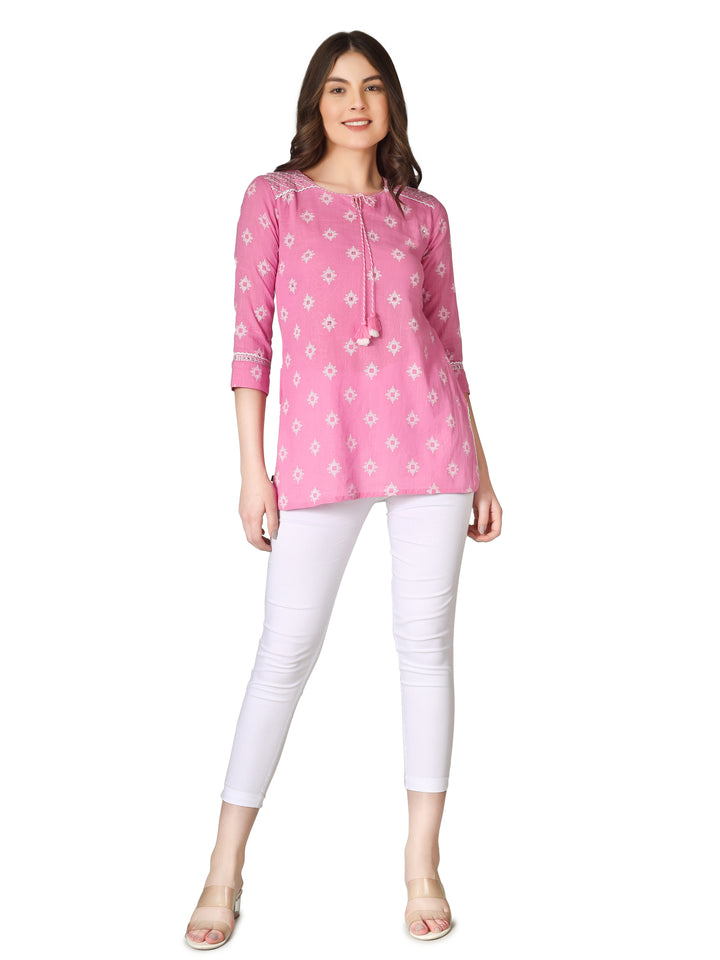Ladyline Womens Cotton Printed Embroidered Tunic Top Short Kurti – Ethnic Block Print with Mirror & Sequin Work, 3/4 Sleeves – Casual Summer Wear Blouse