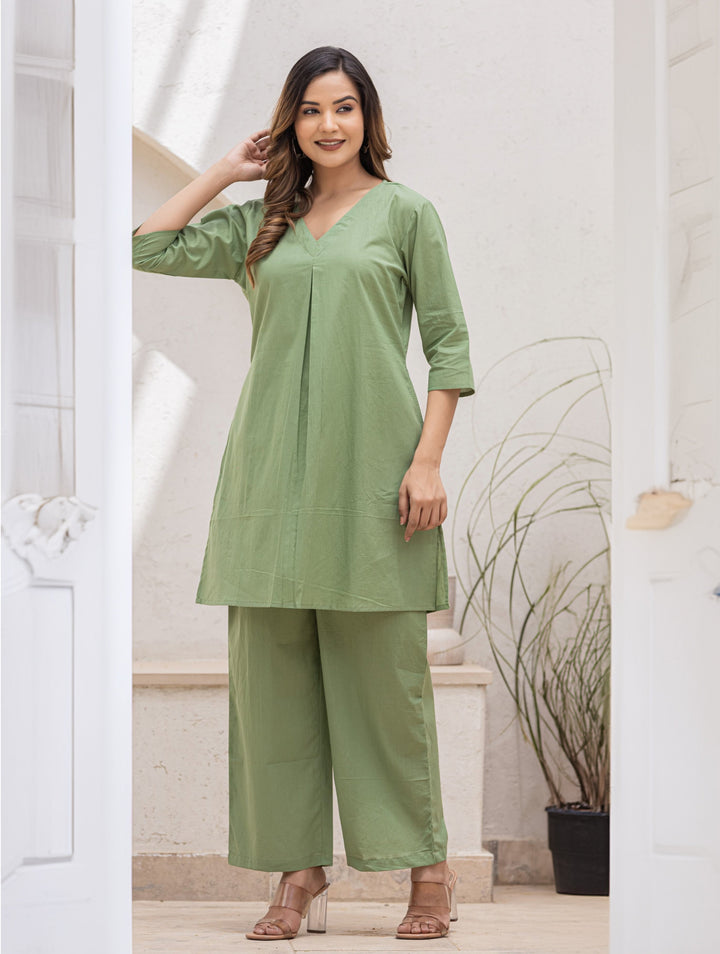 Ladyline Womens Two-Piece Tunic Top and Wide Leg Pants Set Plain Cotton Kurta Pants Set