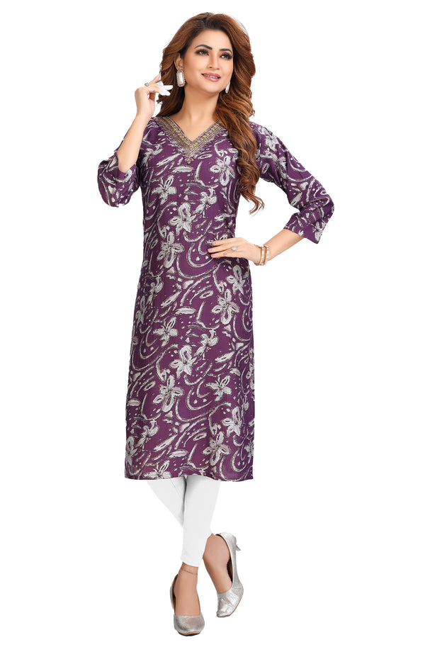 Roman Silk Embroidered Kurti Tunic - Knee Length Kurta Top