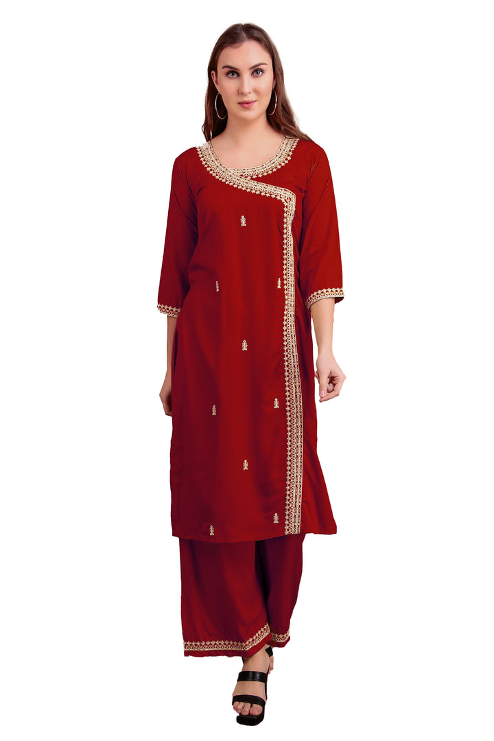 Ladyline Women's Rayon Slub Angrakha Kurta with Pants Set | Embroidery & Sequins | 2-Piece Ethnic Set